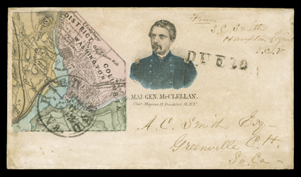 Richmond, Va., Jun 30 1862 bold c.d.s. and matching paid handstamp on captured General McClellan Magnus patriotic cover (Walcott 3225) to Greenville C.H., S.C., endorsed by a
member of Wade Hamptons Legion at top right, light soiling, very