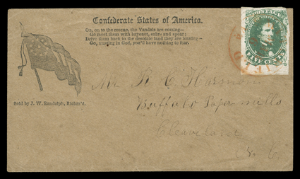 1b, 5c Dark green, Stone 1, bottom sheet-margin example, with other margins quite large as well, just touching at top right, deep rich color, tied to handsome Confederate
11-Star Flag patriotic cover (Dietz F11-16, verse 2, imprint 1) by r