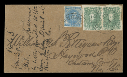 3, 2c Green, choice horizontal pair with large margins all around and deep rich color, lightly folded between stamps prior to use, used in combination with 5c Blue (7) which has
large margins almost all around, tied by Goldsborough N.C.Ja