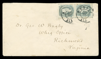 10, 10c Blue, Frame Lines, very rare vertical pair, with complete frame lines at left, bottom and between stamps, bit of frame line also shows at top right, tied by two bold
strikes of Mobile Ala.Jul 18 1863 double circle datestamps to cover