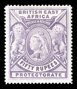 109 var., 1898 50R Lilac, reversed watermark, lovely bright color, fresh o.g. with just a faint trace of hinging, nearly very fine this high value is particularly scarce with
the reversed watermark (S.G. 99x £1,800).