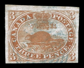 4, 1852 3p Red, impressive used single, with four large to huge margins, lovely bright color and a fine impression, light blue target cancel, extremely fine 1983 BPA
certificate as the old S.G. 10 designation (Unitrade C$300.00).