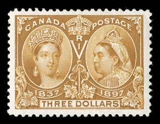 63, 1897 $3.00 Jubilee, an impressively large-margined mint single, with especially lavish margins all around and being exceptionally well centered within them, rich luxuriant
color, o.g., relatively lightly hinged, extremely fine 1978 PF certi