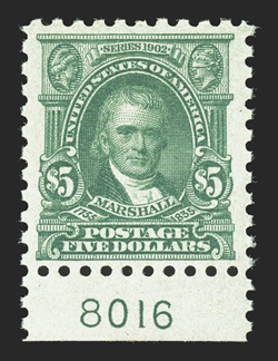 480, $5.00 Light green, bottom sheet-margin plate no. 8016 single, post office fresh and well centered, o.g., n.h., choice very fine.