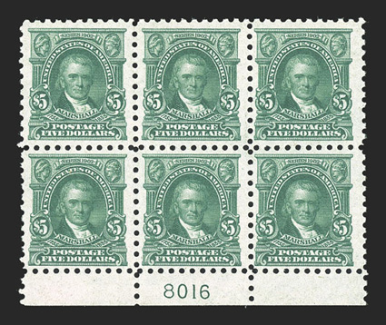 480, $5.00 Light green, scarce bottom margin plate no. 8016 block of six, fresh and intact, o.g., l.h. on the top center stamp and on the center selvage, five stamps n.h.,
fine-very fine 1983 PF certificate.