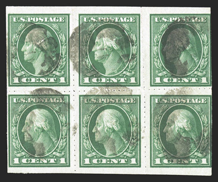 481, 1c Green imperforate, Wilson roulettes, a most unusual used block of six (3x2) of this scarce private roulette, with this block  reported to be the largest known multiple,
nicely centered, cork cancels, fine-very fine the origin of thi