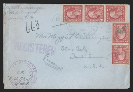 499f, 2c Rose, Ty. I, A.E.F. booklet pane, bottom margin vertical pair and strip of three from the pane of thirty, tied by U.S. Military Postal Express ServiceRegisteredNo.
7505 Nov 1918 violet c.d.s. postmarks on registered cover to Star C
