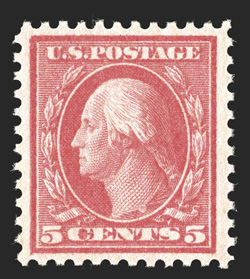 505, 5c Rose error, well centered and margined, bright color, o.g., n.h., choice very fine 1986 PF certificate for the strip of three from which this came.