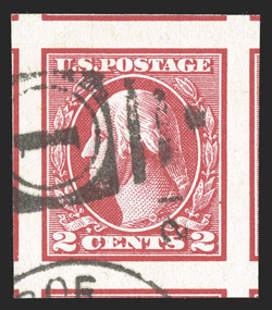533, 2c Carmine offset imperforate, Ty. V, a spectacular jumbo-margined used example, showing portions of the eight surrounding stamps, intense color on clean white paper,
usual Benton Harbour, Michigan 1921 duplex postmark, an extremely fine ge