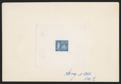 537-E1-2b, 2c-5c Peace, large die essays on wove paper, 2c is in deep red and the 5c is in dim dusky g-b-blue, die sunk on large cards measuring 201x138mm, an unissued set that
was prepared to celebrate the 100th Anniversary of Peace between Eng