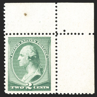213, 2c Green, striking top right corner sheet-margin single, marvelously well centered within huge margins, strong color and impression on fresh paper, o.g., lightly hinged,
extremely fine 1989 PF certificate.