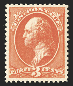 214, 3c Vermilion, precisely centered, intense vivid color, unblemished o.g., never hinged, and extremely fine an eye-appealing gem 1989 PF certificate.