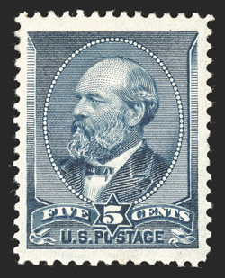 216, 5c Indigo, well centered amid extravagantly large margins, impressively rich color and a strong impression, o.g., lightly hinged, extremely fine jumbo 1988 PF
certificate.