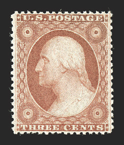 26, 3c Dull red, Ty. II, highly select mint example, excellent centering within uncharacteristically wide margins, brilliantly rich color and a well defined impression,
pristine o.g., never hinged, extremely fine 2006 PSE certificate (XF 90 SM