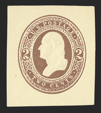 U271, 2c Brown on amber, 34x39mm mint cut square, bright and fresh, strong embossing, very fine.