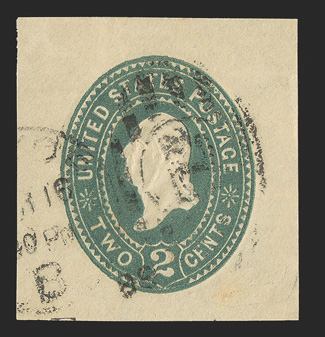 U309, 2c Green on manila, 36x38mm cut square, used with 1888 New York duplex postmark, strong embossing, fresh and extremely fine a lovely used example of this very scarce cut
square, which is virtually unobtainable as a mint cut square or enti