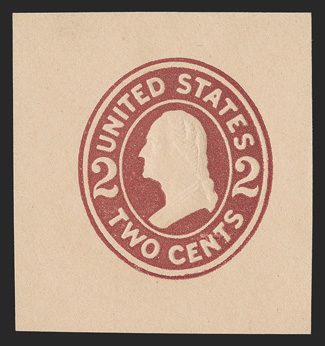 U408a, 2c Brown red on oriental buff, die 2, 40x42mm mint cut square, featuring highly detailed embossing that shows the die characteristics extremely well, fresh and
extremely fine much scarcer than its catalog value would indicate.