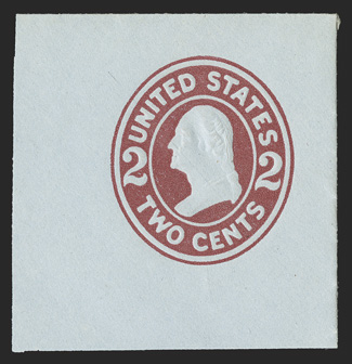U409a, 2c Brown red on blue, die 2, 45x47mm full corner mint cut square, strong embossing that shows the die characteristics well, fresh and extremely fine much scarcer than
its catalog value implies.
