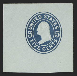 U418c, 5c Blue, printed on blue paper in error instead of white, die 2, 49x48mm full corner mint cut square, rich color on strongly blued paper, fresh and extremely fine only
known as a cut square and very rare, with this being only the fourth