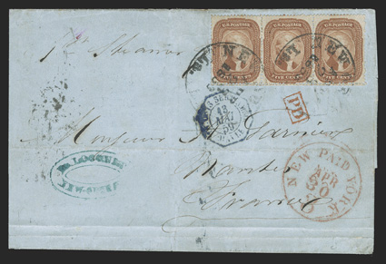 27, 5c Brick red, Ty. I, horizontal strip of three with bright color, nicely centered with bottom perfs scissor separated leaving them intact, tied by New Orleans La.Apr. 23,
1859 c.d.s. pmks. on folded cover to Nantes, France, red New York