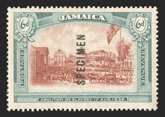 1919-21 6p Abolition of Slavery unissued stamp, watermark multiple CA, with Specimen reading up, well centered, attractive colors, o.g., lightly hinged, very fine (S.G.
£700).