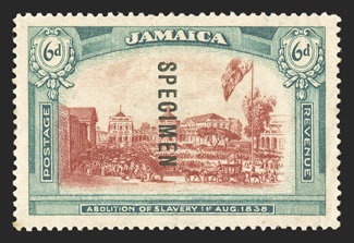 1919-21 6p Abolition of Slavery unissued stamp, watermark script CA, with Specimen reading down, exceedingly well centered, strong colors, o.g., lightly hinged, faintly toned
corner perf. at bottom left, very fine (S.G. £700).