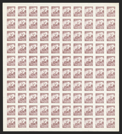 197 var., 1954 100w Brown carmine watermarked wavy line, imperforate, without gum as issued, very rare complete sheet of 100, usual light bends, fresh and extremely fine (KPC
120a).