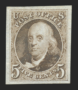 3, 5c Brown reproduction, without gum as issued, an extraordinarily choice example, possessing large to extra-large margins all around, excellent color in an especially dark
shade of Brown, sharp detailed impression, extremely fine gem 1989 PF