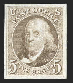 3, 5c Red brown reproduction, without gum as issued, a highly desirable example, with large even margins all around, rich fresh color, extremely fine and choice 1999 PF
certificate.