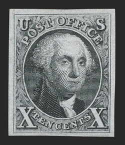 4, 10c Black reproduction, without gum as issued, four large margins, rich color and a well incised impression, extremely fine 1999 PF certificate and a 2009 PSE certificate (XF
90 SMQ $1,350.00).