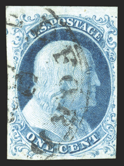 5A, 1c Blue, Ty. Ib, position 5R1E, large to huge margins on three sides, fourth margin at right close but the full design shows, distinctive powder blue color typical of the
Plate One early printings, excellent impression on bright paper, nea
