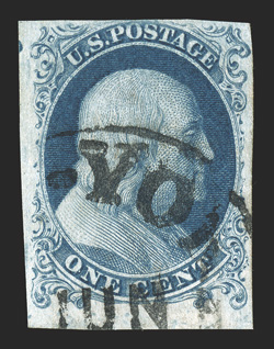 6, 1c Blue, Ty. Ia, position 100L4, handsome used example, three large margins including the sheet margin at bottom, close but clears at top, sumptuously rich color and an
excellent impression on fresh white paper, c.d.s. town cancel, a very fin