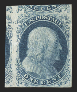 7, 1c Blue, Ty. II, large to huge margins all around including significant portions of the adjoining stamps at top and left, deeply rich color and a highly detailed impression,
full o.g., trivial internal wrinkle and a tiny thin speck, still of
