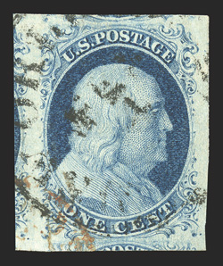 7, 1c Blue, Ty. II, an especially desirable used example, possessing margins of enormous size all around, rich luxuriant color and a deeply etched impression on fresh white
paper, light c.d.s. cancel as well as a bit of a red transit pmk., extre