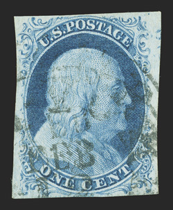 7, 1c Blue, Ty. II, pos. 6R2, ample to large margins all around, bright and fresh, light town cancel, extremely fine.