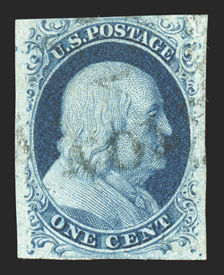 7, 1c Blue, Ty. II, ample to mostly large margins, deep rich color on fresh paper, town cancel, choice very fine 1999 PSE certificate.