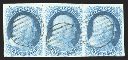 7, 1c Blue, Ty. II, positions 7-9L1E, used horizontal strip of three, mostly large margins around, rich bright color, light grid cancels, left stamp with faint creases at bottom
left, otherwise very fine 2010 PF certificate ex-Rust, Grunin.<