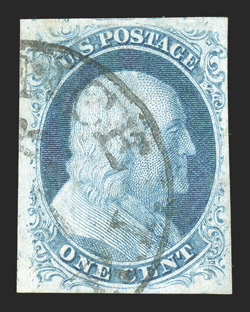 8A, 1c Blue, Ty. IIIa, a premium quality used example of this scarce type showing a clear break at the top, large even margins all around, town cancel, extremely fine 1993 PF
certificate.