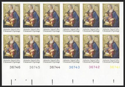 1579a, (10c) Christmas, imperforate, bottom right corner margin plate block of twelve, large margins, o.g., n.h., extremely fine quite scarce as a plate
block.