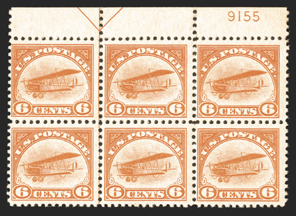 C1, 6c Orange, top margin arrow and plate no. 9155 block of six, fresh and intact, o.g., n.h., fine-very fine.