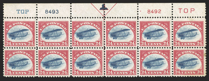 C3, 24c Carmine rose and blue, top margin arrow, two TOP and plate nos. 8493 and 8492 block of twelve, bright and fresh, strong and intact perforations, o.g., l.h. in the
selvage only, the stamps all n.h., bottom right stamp with a light stain