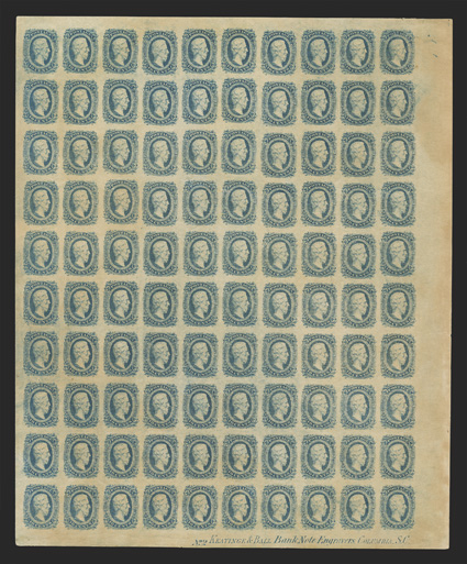 11, 10c Deep blue, Keatinge & Ball, a premium quality full pane of 100, with No. 2 Keatinge & Ball. Bank Note Engravers. Columbia, S.C. imprint, remarkably fresh and without any
of the often encountered creases, characteristic brownish hand-ap