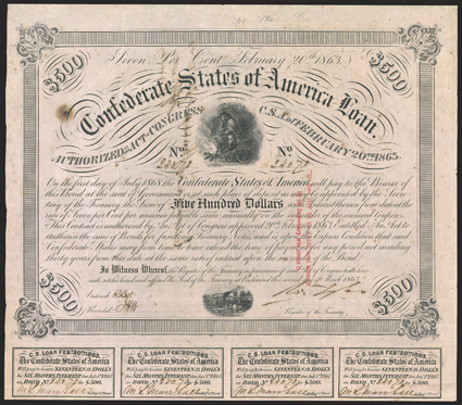 Act of February 20, 1863. $500. Cr. 121, B-225. Trans-Mississippi Bond. No. 24070. As previous, except for two line red overprint, and issued from Shreveport, La and endorsed
by H.J.G. Battle, CSA depositary on verso. Signed by Tyler. 7 cou