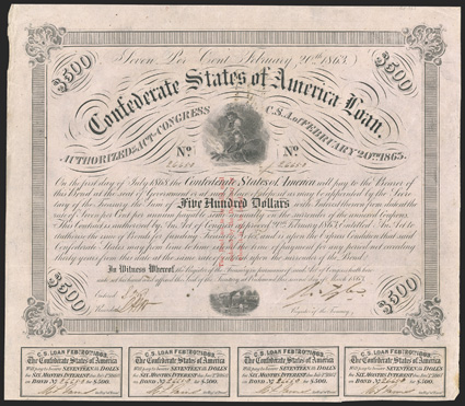 Act of February 20, 1863. $500. Cr. 121, B-232. Trans-Mississippi Bond. No. 26650. As previous, but for three line red overprint on face of bond. Issued at Shreveport, La on
back and endorsed by H.J.G. Battle. Edge wear at left, some foxi