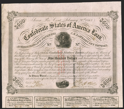 Act of February 20, 1863. $500. Cr. 121, B-234. Trans-Mississippi Bond. No. 27940. As previous, with three line red overprint, This Bond...to be issued on face. Houston,
Texas, Depositary black stamp, signed by James Sorley, CSA deposit