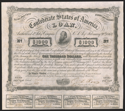 Act of February 20, 1863. $1000. Cr. 122, B-241. 34316, TJ Jackson center, steamboat and train bottom, on pink paper. Signed by Rose. 7 coupons. Toned and soiled, light fold
and edge wear, a strong Fine.