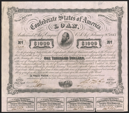 Act of February 20, 1863. $1000. Cr. 122, B-241. No. 15900. As previous. Signed by Tyler. 7 coupons below. Fold wear, soiling, edge wear, VF. From The Holger Dreher
Collection