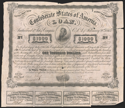 Act of February 20, 1863. $1000. Cr. 122, B-241. No. 36309. As previous, except for odd Register of the Treasury signature Kingstown(?) 7 coupons below. Holes, tears along
folds, edge wear, ink stains, about Fine. From The Hol