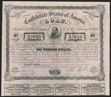 Act of February 20, 1863. $1000. Cr. 122, B-249. Trans-Mississippi Bond. No. 27774. Vignette of Lt. General Thomas J. Stonewall Jackson. Small steamboat vignette at bottom.
Three line red overprint, issued at Washington, Ark. by Edward