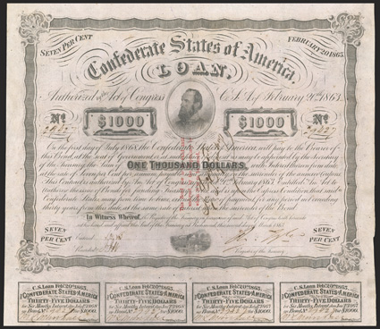 Act of February 20, 1863. $1000. Cr. 122, B-251. Trans-MIssissippi Bond. No. 29427. As previous, with three line red overprint, endorsed by A. Desmare, at Opelousas, La. on
face. Signed by Tyler. Complete coupons (11). Uneven right edge,,